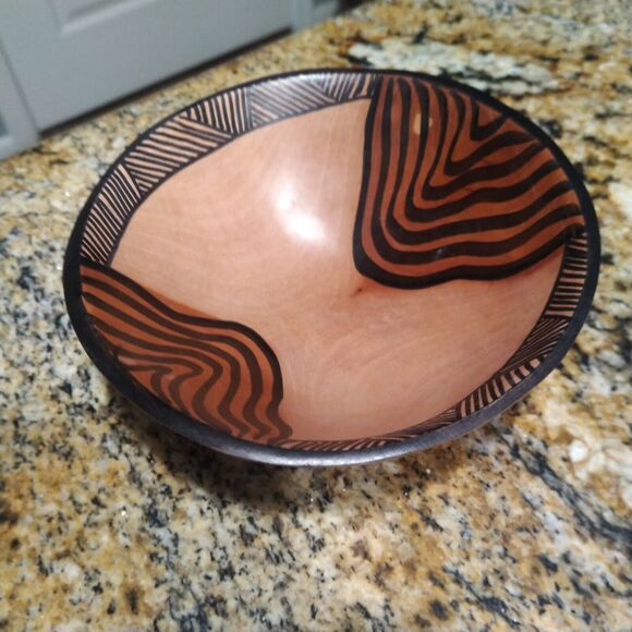Vintage African Hand Carved Wooden Zebra Animal Print Serving Bowl Hand Painted - Picture 1 of 7